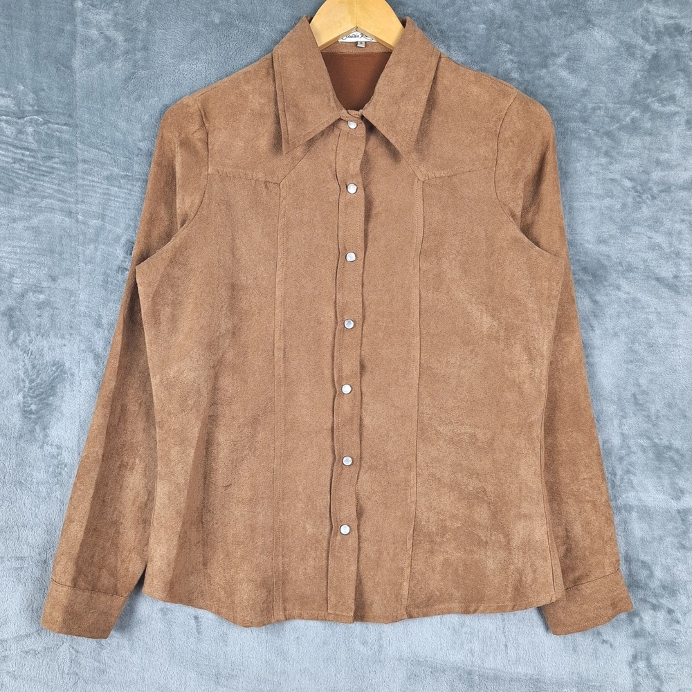 Vtg Womens Top Small‎ Brown Faux Suede Pearl Snap Button Western Cowgirl Rodeo